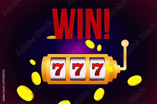 Casino vector illustration. Slot machine with 777-line. Lucky seven. Winner. Win in casino. Gain in slotmachine. 777. Three sevens in line. Golden coins. Lucky bet.