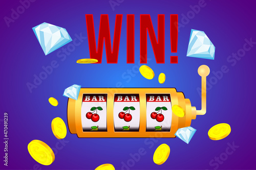 Casino vector illustration. Slot machine with cherry-line. Winner. Win in casino. Gain in slotmachine. Three cherries in line. Golden coins. Bar. Lucky bet.