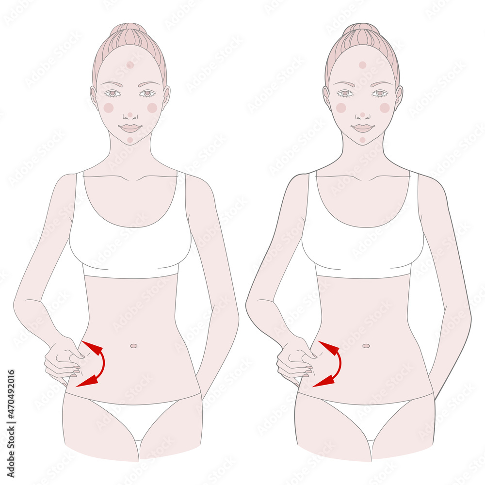 Half-figure of a girl. Self-massage of fatty deposits in the abdomen, illustration. Half-figure of a girl. Self-massage of fatty deposits in the abdomen, illustration.