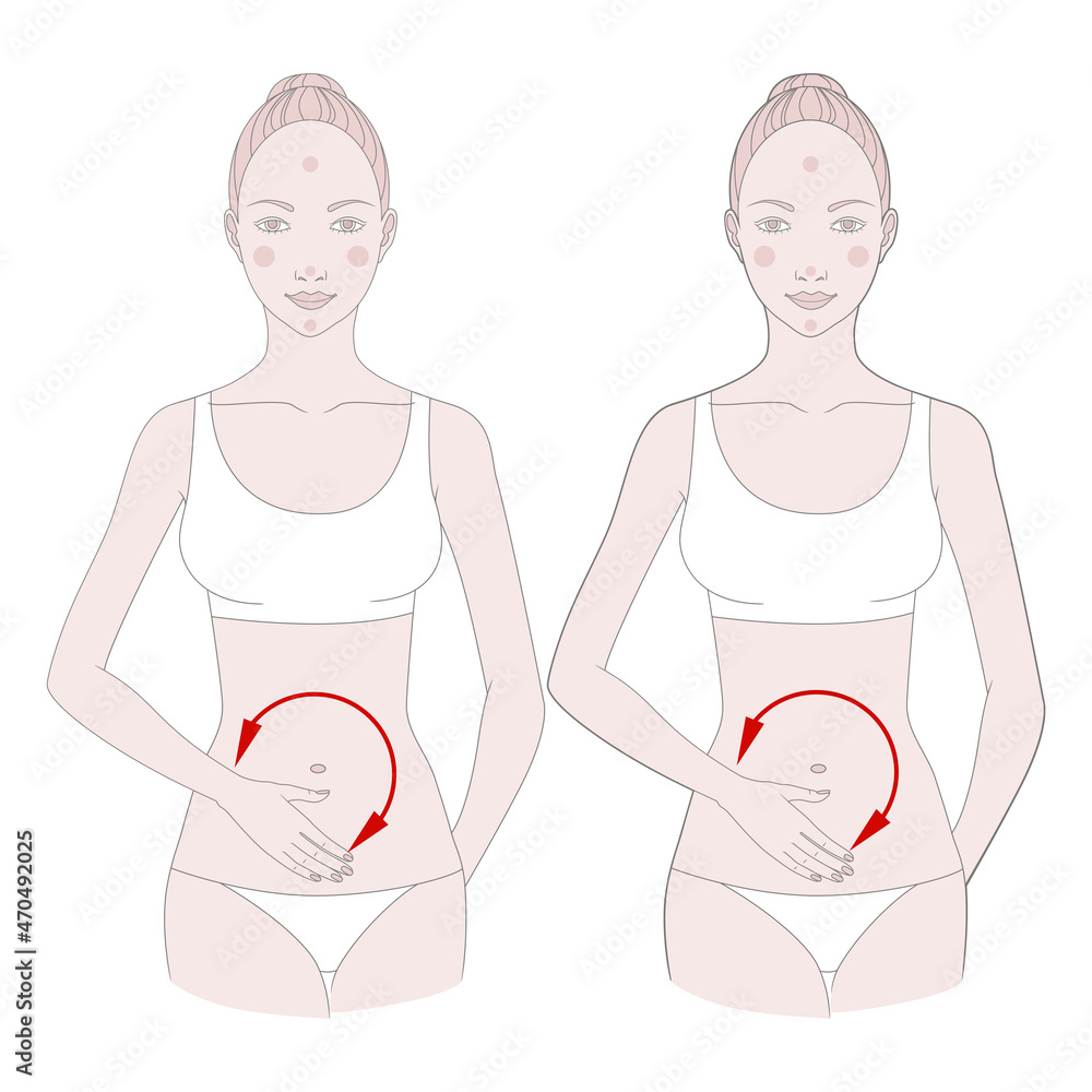 Half-figure of a girl. Self-massage of fatty deposits in the abdomen, illustration. Half-figure of a girl. Self-massage of fatty deposits in the abdomen, illustration.