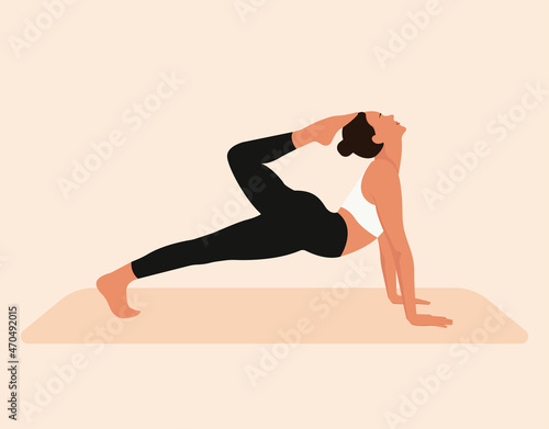 Young woman in yoga pose. Yogini practicing yoga, doing stretching exercise. Flat vector illustration.