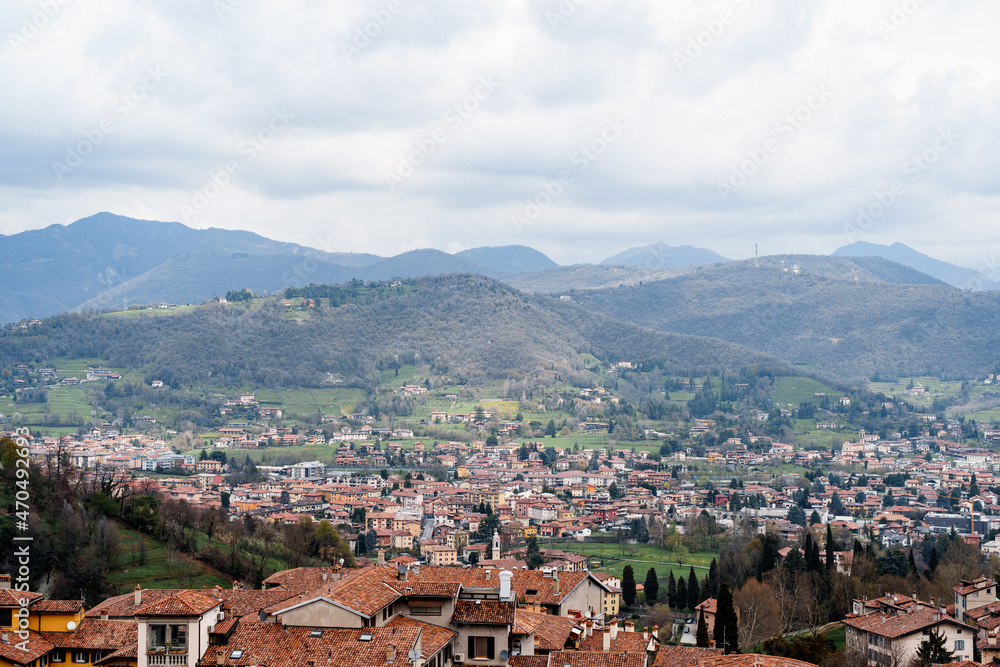 Bergamo city surrounded by mountains. Italy