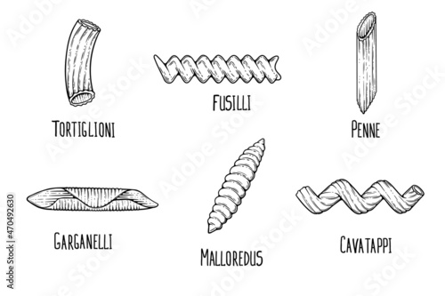 pasta set sketch. Doodle outline black and white vintage style macaroni illustration.