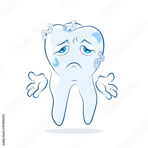 Dirty unhappy tooth cries and makes a sad gesture. Vector illustration. Healthcare poster, placard or banner template.