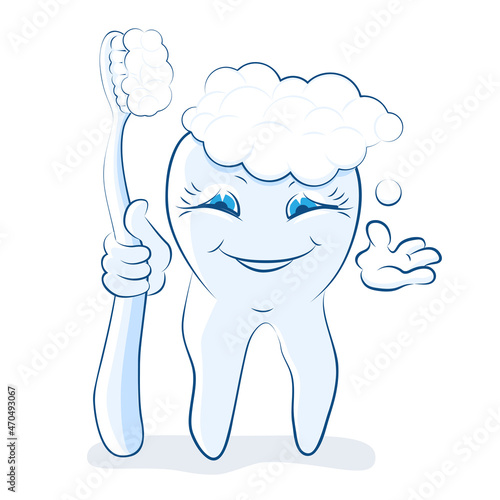 Happy cartoon tooth brushing itself. Vector illustration. Healthcare poster, placard or banner template.