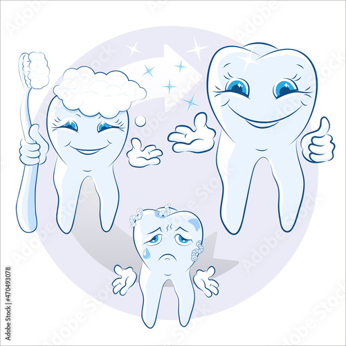 Dirty unhappy crying tooth. Happy cartoon molar brushing itself with toothbrush. Satisfied clean and sparkling dent smiles. Vector illustration. Healthcare poster, placard or banner template.