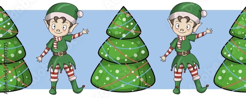 Cute little elf, Santa's helper dresses up Christmas tree, seamless border pattern