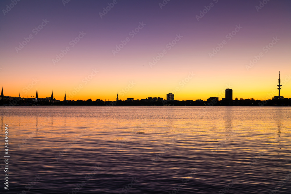 Hamburg, Germany. The Lake Alster at sunset.