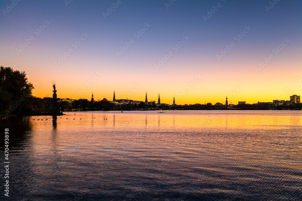 Hamburg, Germany. The Lake Alster at sunset.