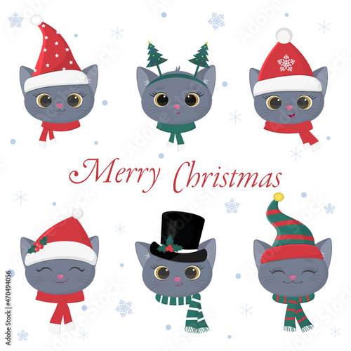 Happy New Year and Merry Christmas. A set of six heads of cute kittens of the British breed in carnival hats and scarves of Santa Claus, as well as other accessories and snowflakes. Cartoon, vector photo