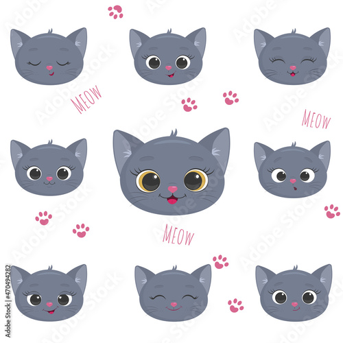 A set of nine heads of cute gray British kittens with different emotions. Cartoon  flat style  vector.