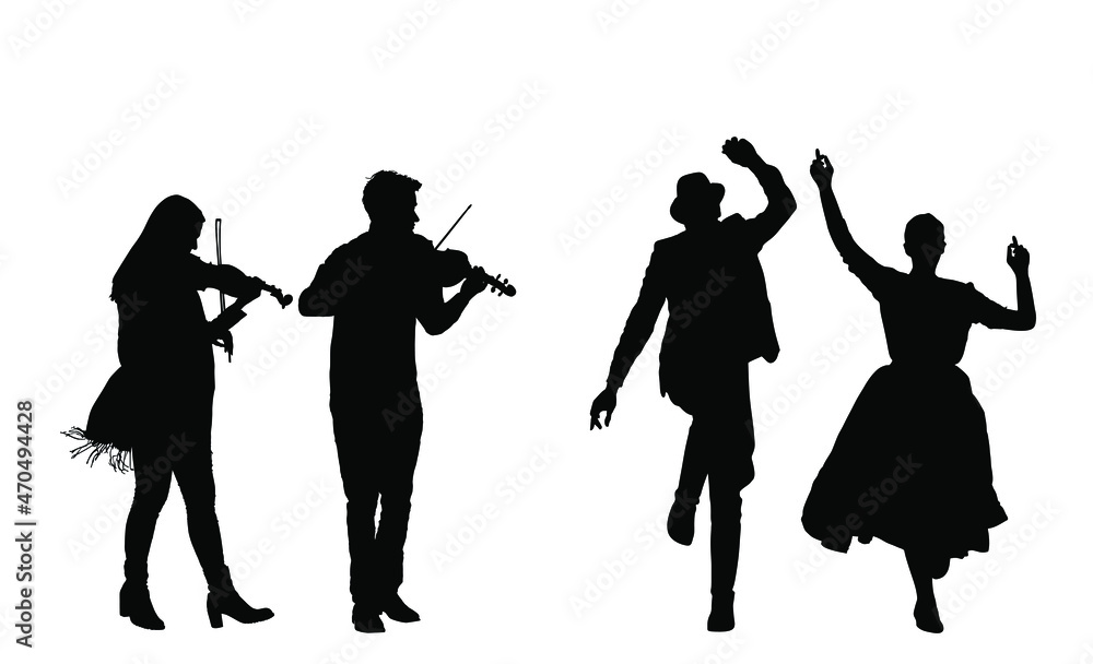 Couple of musician artist playing violin for czardas dancers. Folklore wedding dance vector silhouette illustration isolated. Classic music performers amusement public. Violin play string instrument.