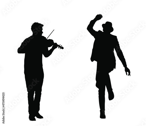 Man playing violin, czardas dancer folklore dance vector silhouette illustration isolated on white. Classic music performer. Musician artist amusement public. Violin virtuoso play string instrument. 