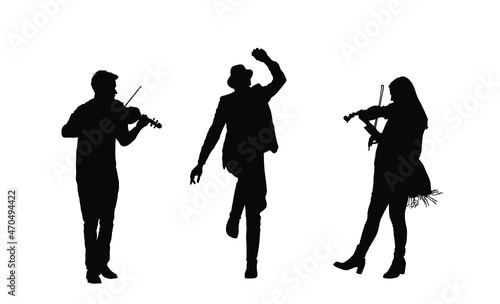 Couple of musician artist playing violin for czardas dancers. Folklore wedding dance vector silhouette illustration isolated. Classic music performers amusement public. Violin play string instrument.