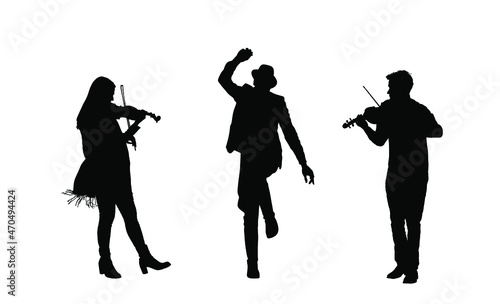 Couple of musician artist playing violin for czardas dancers. Folklore wedding dance vector silhouette illustration isolated. Classic music performers amusement public. Violin play string instrument.