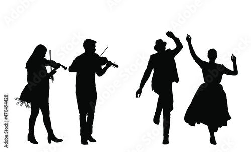 Couple of musician artist playing violin for czardas dancers. Folklore wedding dance vector silhouette illustration isolated. Classic music performers amusement public. Violin play string instrument.