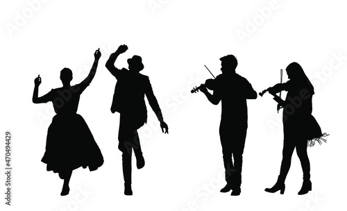 Couple of musician artist playing violin for czardas dancers. Folklore wedding dance vector silhouette illustration isolated. Classic music performers amusement public. Violin play string instrument.