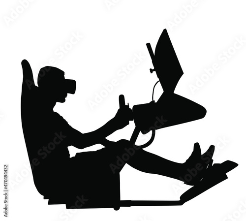 Gamer boy wearing virtual reality goggles playing game console vector silhouette illustration. Passionate gamer man with controller digital 3d glasses. Modern cyber simulation, television online fun.