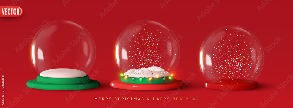 Fototapeta premium Set of Glass snow globe Christmas decorative design. Podium under transparent glass dome with white snowdrift, and glow garland. Xmas red round scene. Red and white Studio. Stand for Promotion Product