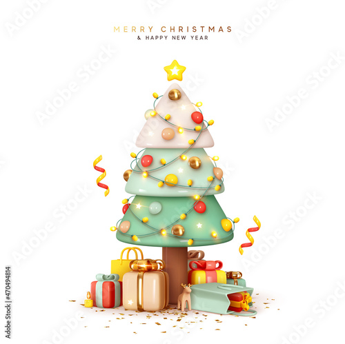 Christmas sparkling bright tree with star. Merry Christmas and Happy New Year. Realistic 3d design of objects, light garlands, bauble ball, Gift box, surprise gifts, gold confetti. Vector illustration