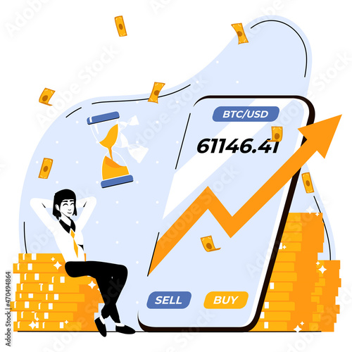 Invest in Bitcoin Concept Illustration. Businesswoman invests in crypto watching as price grows. Return on investment, cryptocurrency growth, crypto mining, pension savings account, vector concept
