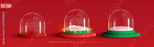 Set of Glass snow globe Christmas decorative design. Podium under transparent glass dome with white snowdrift, and glow garland. Xmas red round scene. Red and white Studio. Stand for Promotion Product