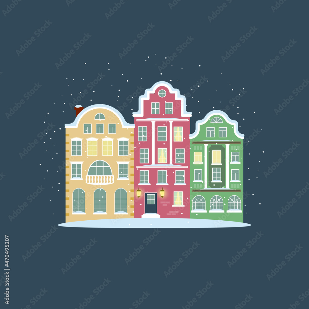 Cozy old houses on a snowy night. Flat design.