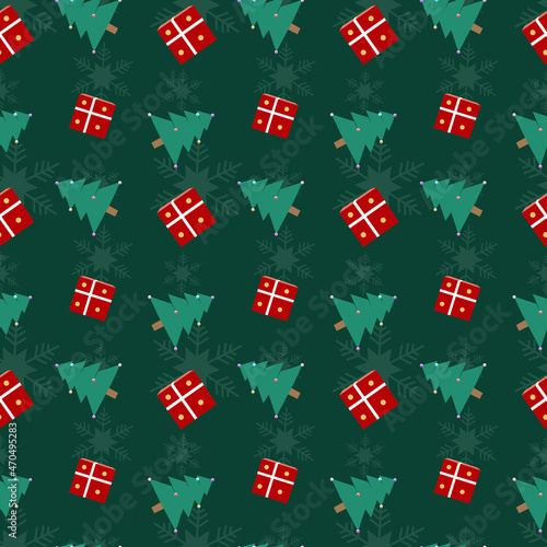  Christmas theme repeat pattern created with elements like Christmas tree and re present box, Hand drawn vector repeat pattern for textile, fabric, gift wrapper, packaging and web backdrop.