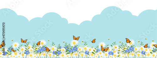Seamless pattern Spring nature background with blue sky,cloud with bee and butterfly on daisy field.Vector Endless Summer green field of meadow and flower,Horizontal border for Easter holiday backdrop