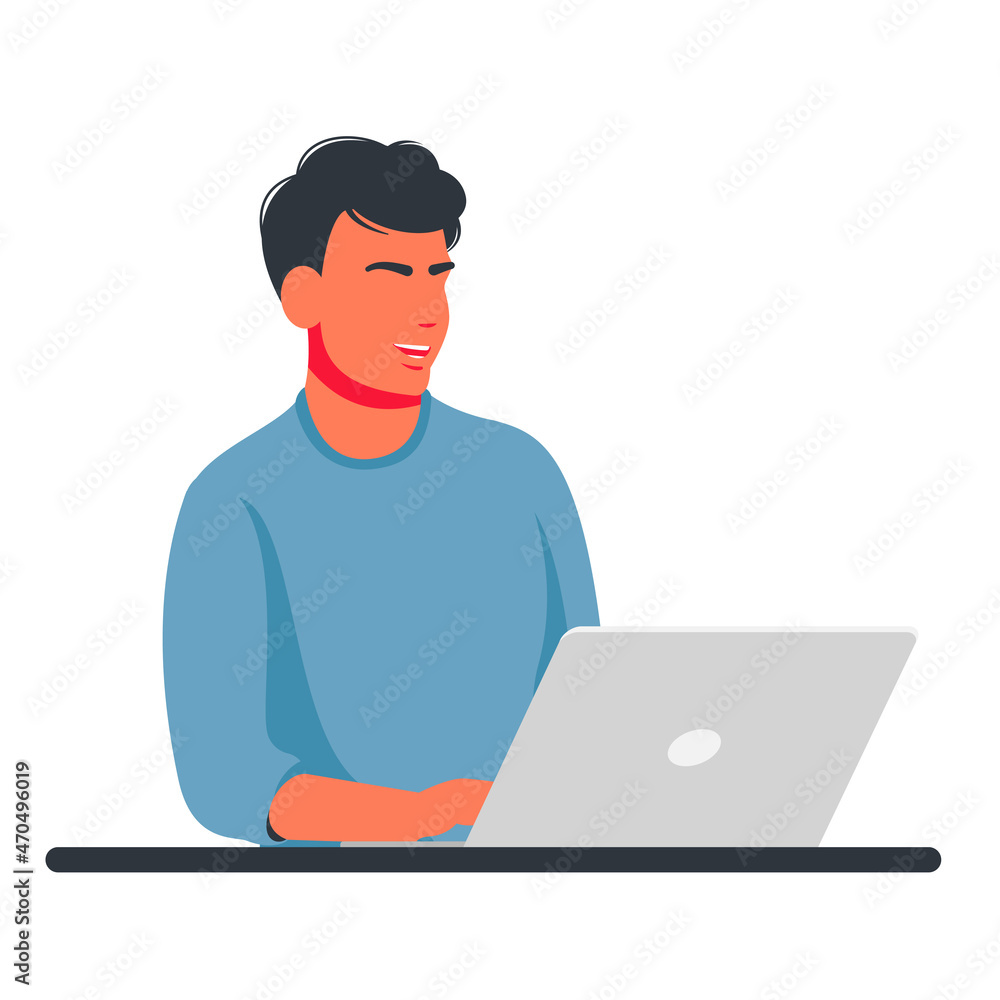 man working on laptop or computer from home with a cup of coffee. Home office concept, a woman working from home, student or freelancer. Vector illustration, flat style. Remote work, freelance concept man working on laptop or computer from home with a cup of coffee. Home office concept, a woman working from home, student or freelancer. Vector illustration, flat style. Remote work, freelance concept