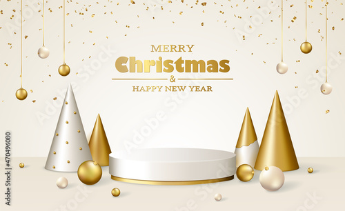 Christmas 3d scene with white and gold podium platform, Christmas fir trees and balls, confetti.