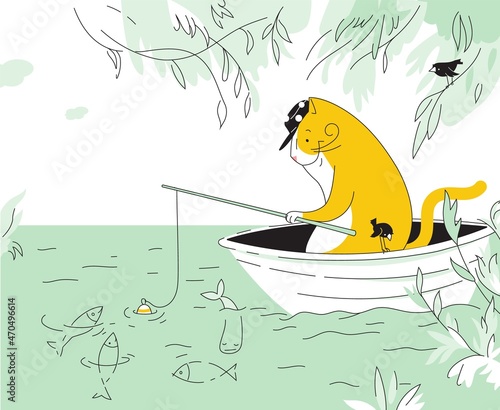 Funny cat fisherman catches fish while sitting in the boat.