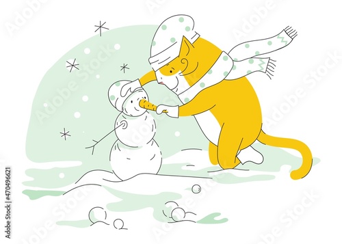  Funny cat sculpts a snowman