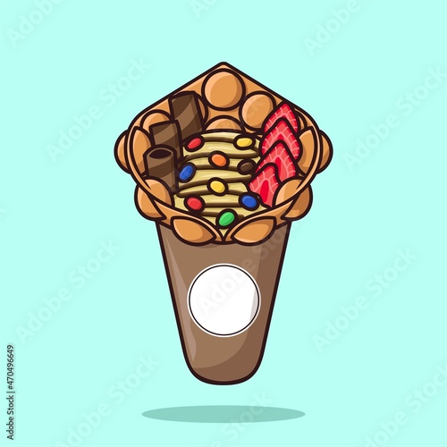 Ice Cream Bubble Waffle Cone with candy, wafer sticks and strawberry slices Cartoon Vector Illustration