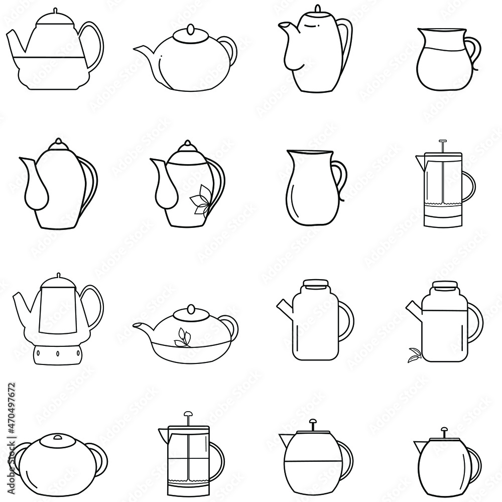 Linear icons teapots, teapots. Line art tea party tableware on a white background isolated emblems logos. Vector set for web, design, website, page, template, layout. Linear icons teapots, teapots. Line art tea party tableware on a white background isolated emblems logos. Vector set for web, design, website, page, template, layout.