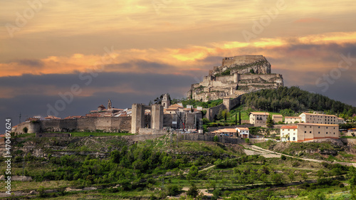 Medieval town of Morella, with its walls and the castle on top of the mountain, Castellon, Spain photo