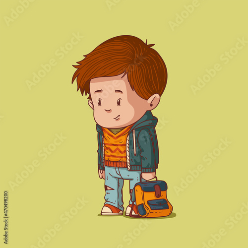 Kawaii vector illustration of a schoolboy tired after boring lessons. Cute little boy wearing trendy clothes draging a schoolbag on his way home. Child character, hipster kid
