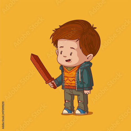 Kawaii vector illustration of little boy inspired by his new toy. Cute enthusiastic boy wearing a t-shirt, knit vest, hoody and trendy jeans admiring a toy sword. Nice child character, hipster kid