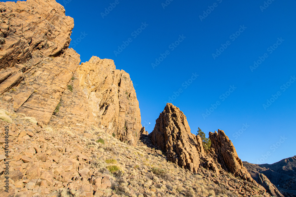 Natural landscape with desert and volcano rocks in Tenerife. Hiking in natural park