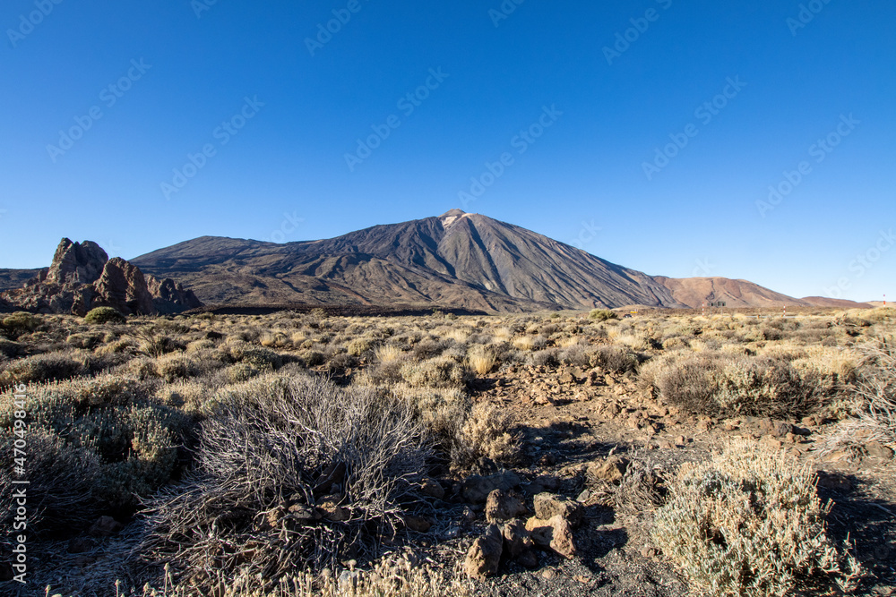 Hiking and trekking Teide volcano in Tenerife, Canary Islands. Scenic panorama of the tip of Teide (pico del teide) and rocky natural park. Natural park view and original landscape for adventures