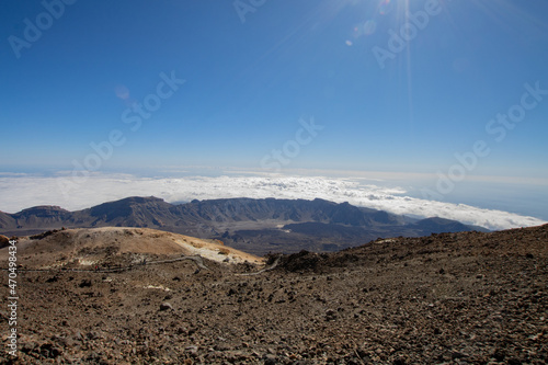 Hiking and trekking Teide volcano in Tenerife  Canary Islands. Scenic panorama of the tip of Teide  pico del teide  and rocky natural park. Natural park view and original landscape for adventures