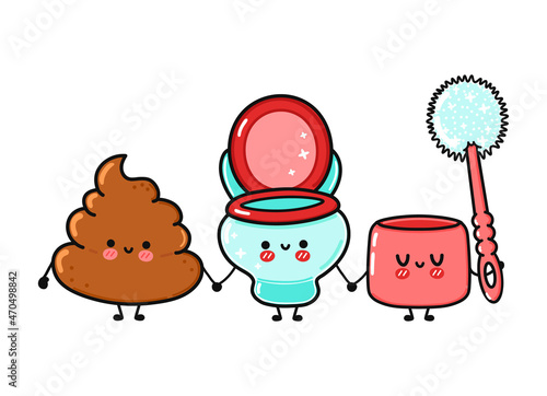 Cute, funny happy turd, toilet and  toilet brush character. Vector hand drawn cartoon kawaii characters, illustration icon. Funny cartoon turd, toilet and  toilet brush friends concept