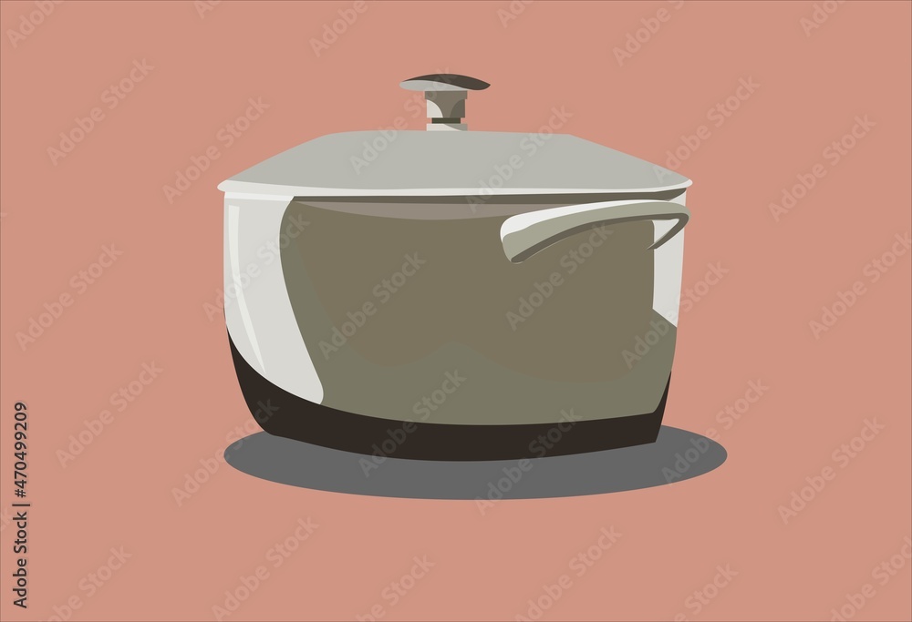 A kitchen metal pan with a closed lid. A kitchen metal pan with a closed lid.
