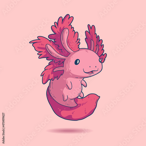 Kawaii vector illustration of cheerful tiny axolotl. Cute floating pink axolotl with enthusiastic look and nice smile. Nature protection mascot. Square zoo or oceanarium wall art, poster