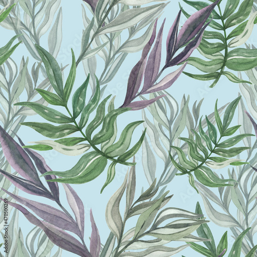 Watercolor botanical pattern leaves on blue background
