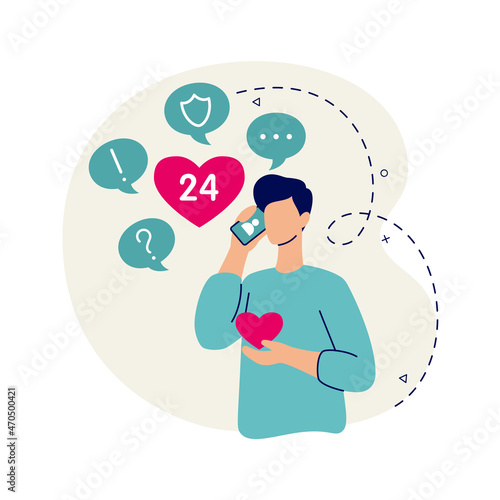 Voluntary service call center concept. Volunteer support, protection, help and sharing hope. Care, love and good heart community support poor, homeless and elder persons. Vector flat illustration.