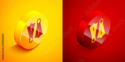 Isometric Rubber flippers for swimming icon isolated on orange and red background. Diving equipment. Extreme sport. Sport equipment. Circle button. Vector