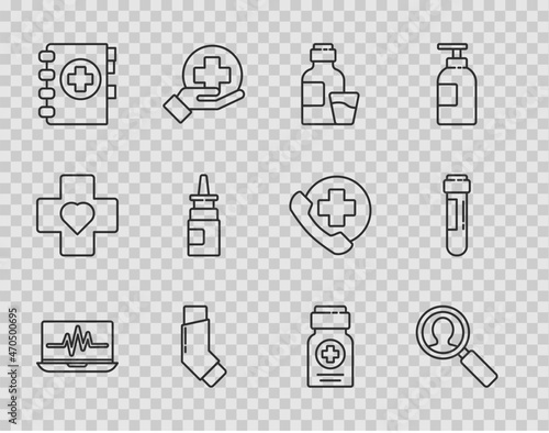 Set line Laptop with cardiogram, Medical analysis, Bottle of medicine syrup, Inhaler, clipboard, nasal spray, Medicine bottle and Test tube blood icon. Vector