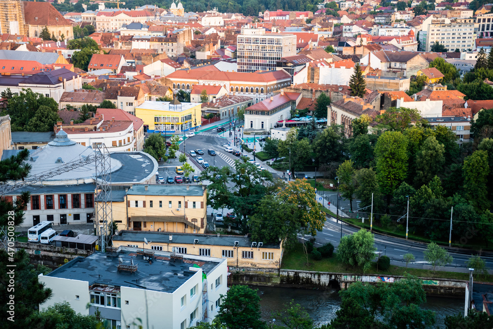 Aerial view over the city with the streets intersection: George Baritiu, Emil Isac, Cardinal Iuliu Hossu, Arany Janos and Splaiul Independentei. Cluj Napoca, Romania.
