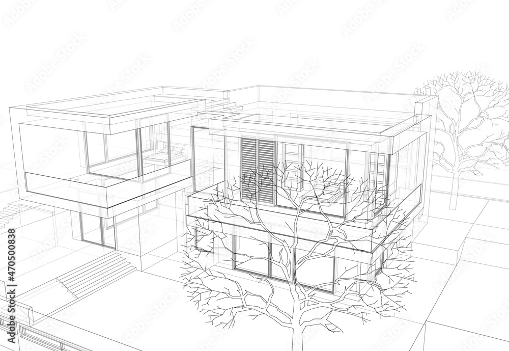 House project architecture drawing 3d illustration